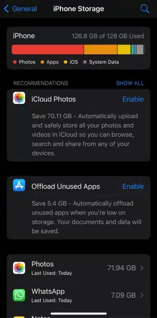 check iphone storage in settings